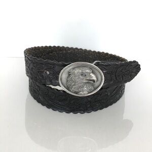 Vintage Bergamot Brass Eagle Buckle & Black Tooled Leather Belt Men’s Size 38